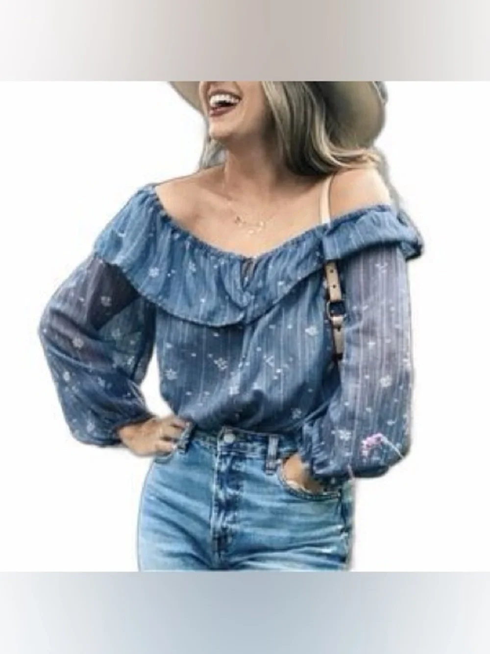 Abercrombie & Fitch Off Shoulder Blue Floral Bodysuit Blouse Large